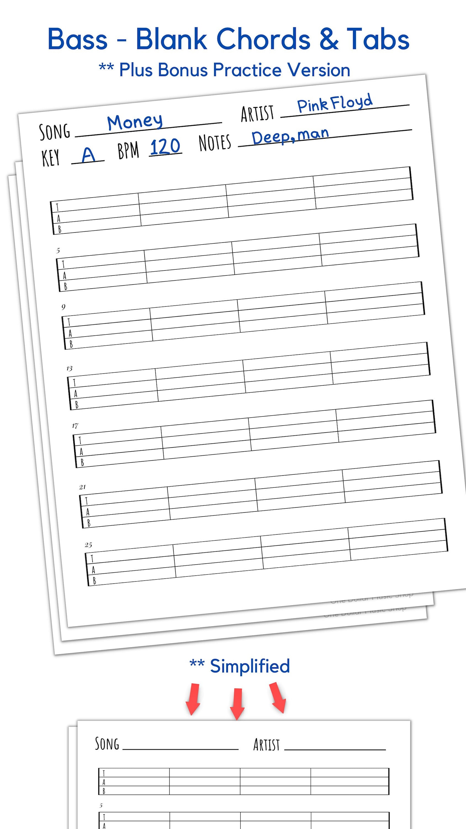 Bass Blank Tabs Instant Printable Download Instant Download Blank Sheet ...