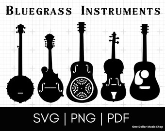 Bluegrass Instruments SVG PDF PNG Bundle Cricut Sublimation Silhouette Banjo Mandolin Dobro Guitar Fiddle Minimalist Retro Design