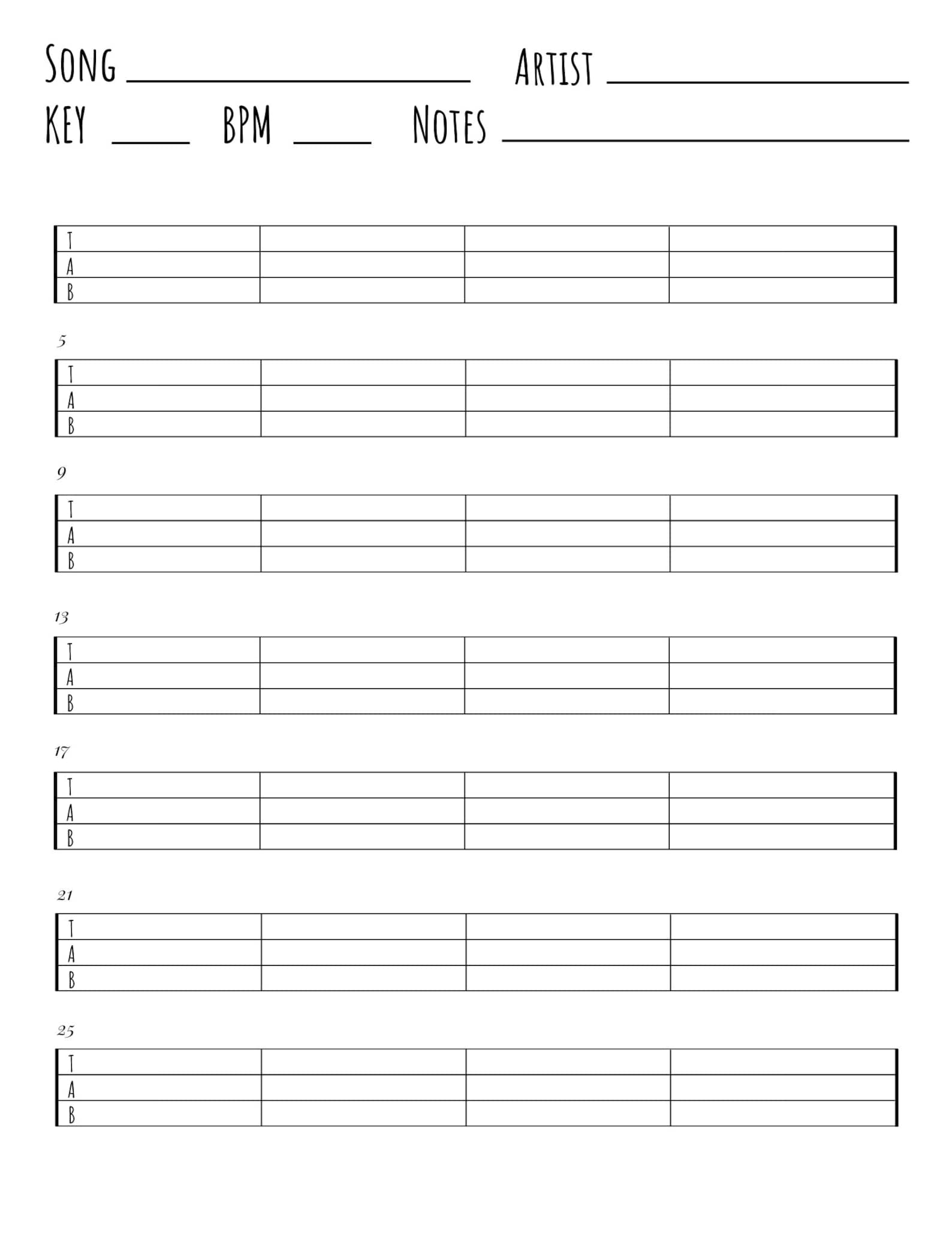 Bass Blank Tabs Instant Printable Download Instant Download Blank Sheet ...