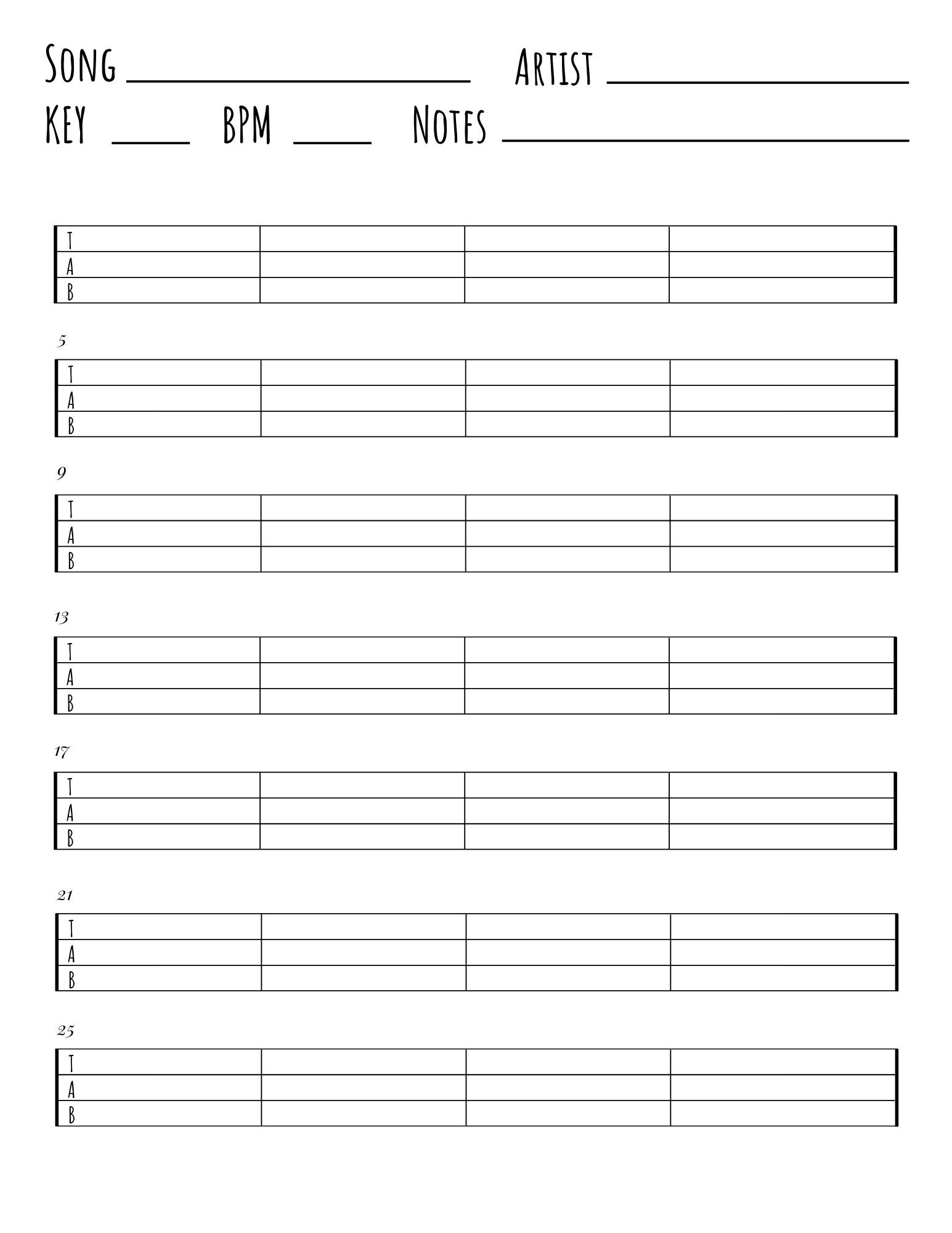 Bass Blank Tabs Instant Printable Download Instant Download - Etsy
