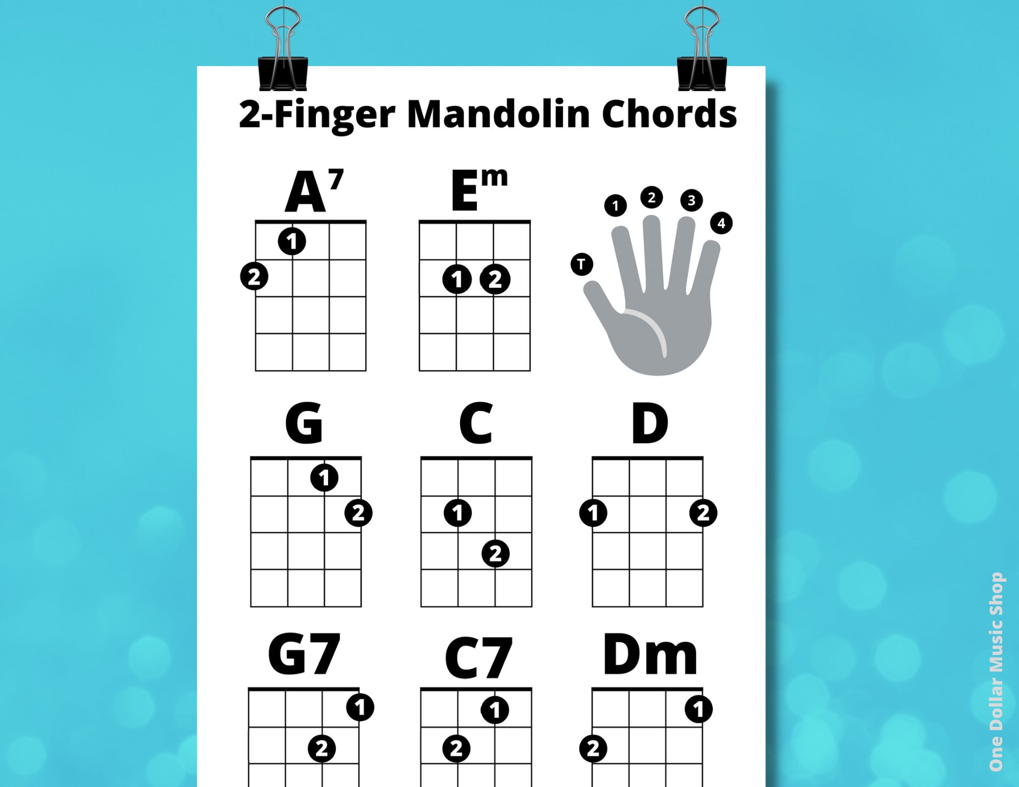 2 Finger Beginner Mandolin Chords Sheet, Great for Beginners 1 Page
