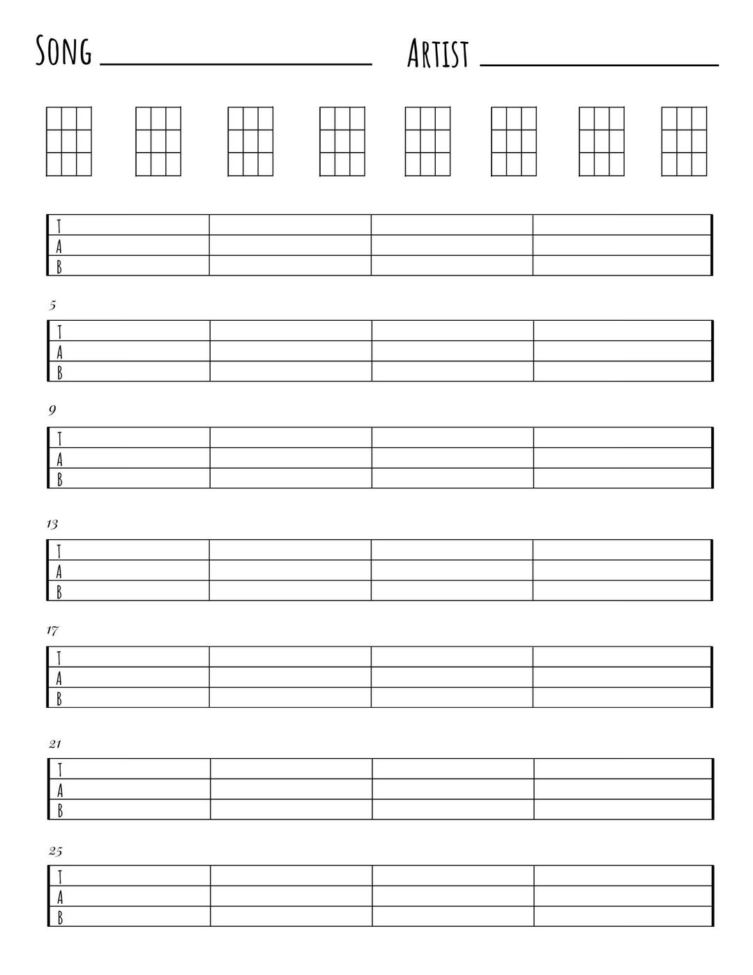 Mandolin Blank Tabs & Chords Chart Instant Download Blank Sheet Music