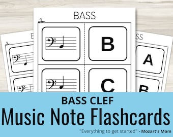Bass Clef Music Note Flash Cards Printable at Home Flashcards for Beginner Musicians and Kids Easy to Read Music Theory Memorization Tool