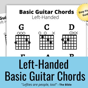 以下が含まれることがあります： 左利きのギタリストのための基本的なギターコードの演奏方法を示す図。示されているコードはG、C、Dです。テキストには「Basic Guitar Chords、Left-Handed、「Lefties are people, too! 」- The Bible」とあります