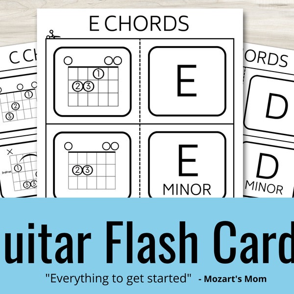 Guitar Chord Flash Cards Printable at Home Music Quiz Test Index Card Students Teacher Resource Easy to Read Beginners New Years Resolution