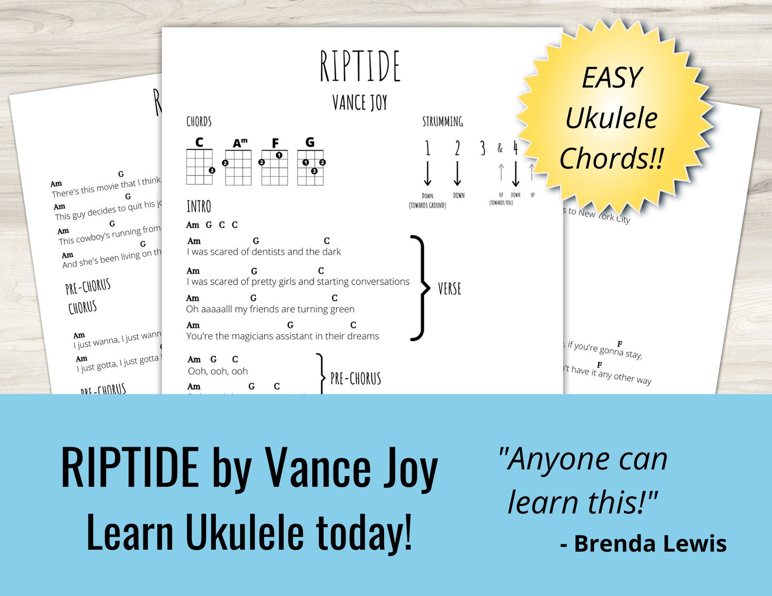 Riptide Easy Ukulele Song Vance Joy Ukulele Chords Etsy