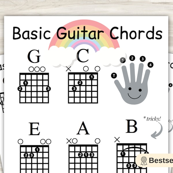 Easy Guitar Chords Sheet for Kids Great for Beginners (Instant Download) Student Teacher Guitar for everyone (little ones - lol)