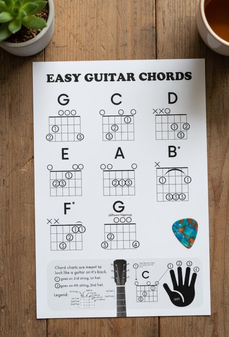 Printable Guitar Chords Chart for Beginners Easy Learn PDF (instant ...