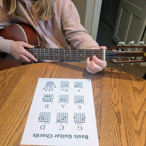 A picture of someone playing guitar in front of the guitar sheet.