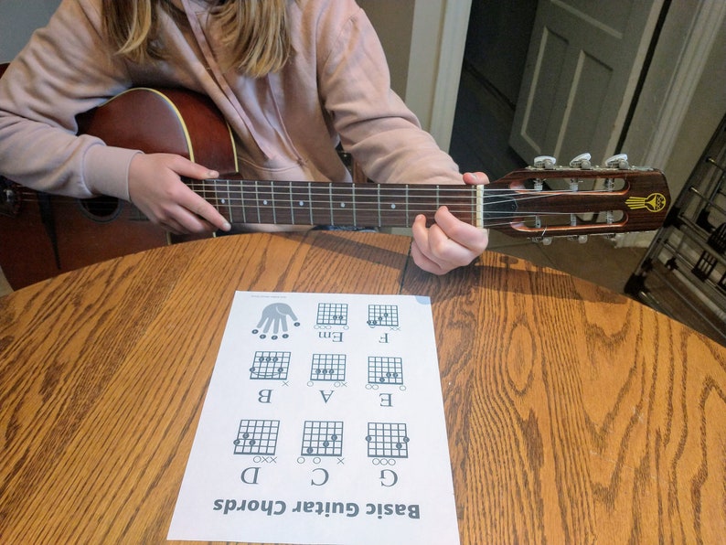 A picture of someone playing guitar in front of the guitar sheet.