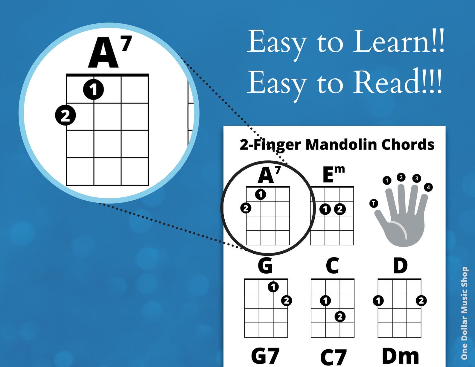 2 Finger Beginner Mandolin Chords Sheet, Great for Beginners 1 Page