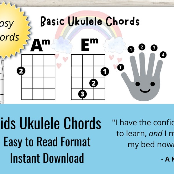 Kids Easy Ukulele Chords Sheet, Great for Ukelele Beginners (Instant Download), Easy Uke Chords Children, Ukulele for Newbies