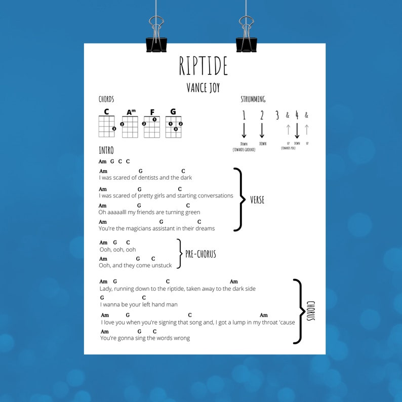 Riptide Easy Ukulele Song Vance Joy Ukulele Chords Etsy
