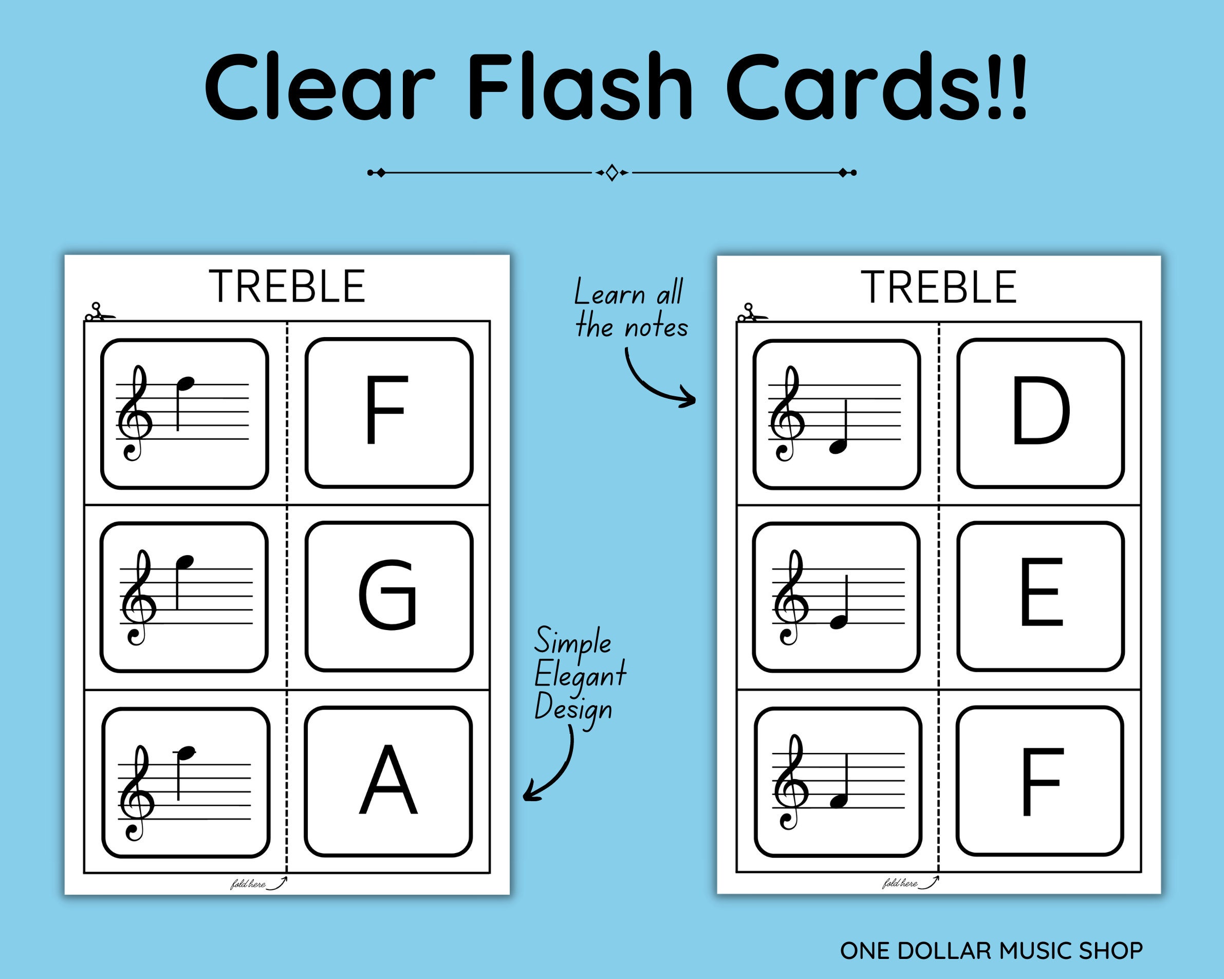 Treble Clef Music Note Flash Cards Printable at Home Flashcards for