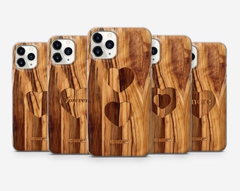 Wood Texture Case With Engraved Heart for iPhone 14 13 12 11 Pro Max mini 4 4s 5 5s SE 2020 6 7 8 plus 6+ 7+ 8+ X Xs Xr L34