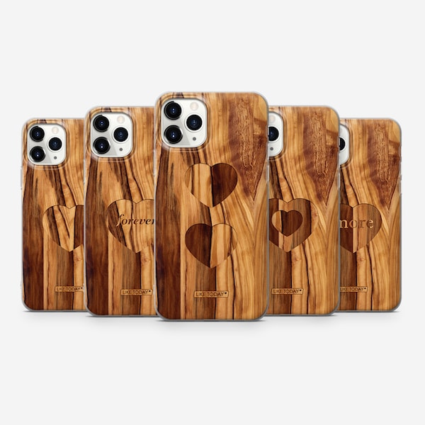 Coque en bois texturé avec coeur gravé pour iPhone 14 13 12 11 Pro Max mini 4 4s 5 5s SE 2020 6 7 8 plus 6+ 7+ 8+ X Xs Xr L34