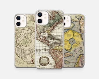 May include: Three clear phone cases with vintage world maps printed on them. The maps are in shades of brown, yellow, and green. The cases are designed for an iPhone.