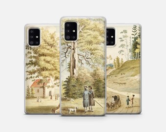 May include: Three phone cases featuring different watercolor paintings of landscapes. The first case shows a small house with a red roof in a forest. The second case shows a large tree in a forest with two people and a dog. The third case shows a winding path through a forest with a horse-drawn carriage.
