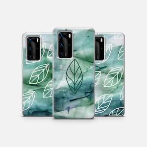 May include: Three clear phone cases with a green and blue watercolor background and white leaf designs. The center case has a larger green leaf design.