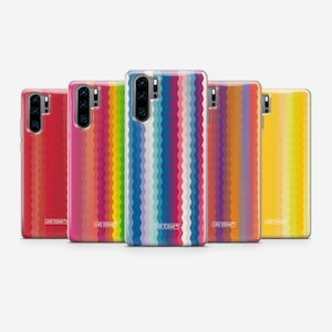 May include: Set of six phone cases with a colorful geometric pattern. Each case features a different color gradient with a zig-zag pattern. The cases are all clear and have the text "LIKE TODAY" printed on the bottom.