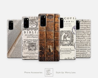 Funda para teléfono con diseño de amante de los libros para Samsung S24, S23 Ultra, S22, S21+ y Galaxy Note • Estantería vintage con página de la Biblia