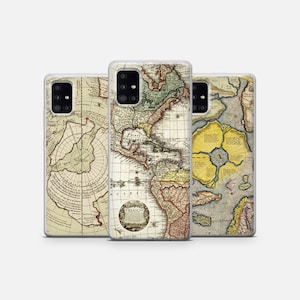 May include: Three phone cases featuring vintage world map designs. The maps are in shades of brown, yellow, and green. The cases are clear and show the phone's camera lens.