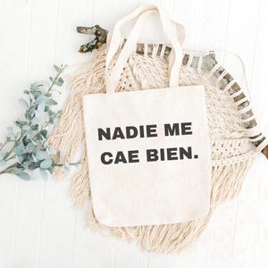Puede incluir: Bolso tote de color crema con el texto en espa&ntilde;ol "NADIE ME CAE BIEN." en negro. El bolso tiene asas largas y se muestra sobre una superficie de madera blanca con elementos decorativos, incluyendo macram&eacute; y vegetaci&oacute;n artificial.