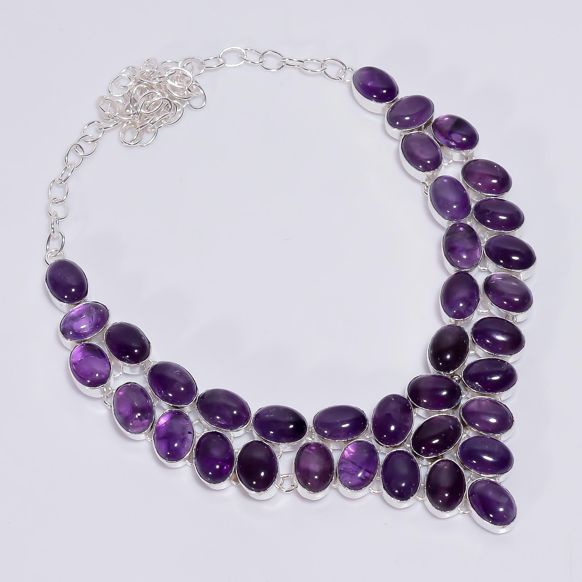 Collier Ethnique Plaqué Argent Avec Pierre Violette Améthyste - Longueur 51-55 Cm, Style Bohème, Neuf Sans Emballage