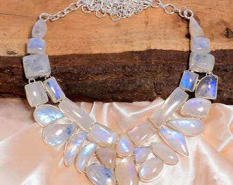 Handmade Rainbow Moonstone Statement Necklace, Sterling Silver Plated Boho Ethnic Jewelry