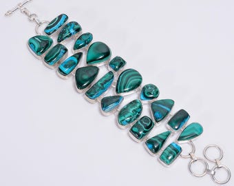 Malachite Chrysocolla Bracelet with Silver Plating, Mixed-Shape Gemstone Jewelry, Handmade Statement Bracelet, Boho Ethnic Jewelry, Gifts