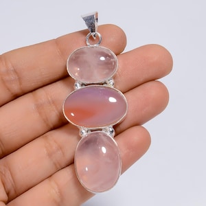 Rose Quartz Pendant with Silver Plating, Pink Gemstone Necklace, Handmade Chunky Pendant, Boho Ethnic Necklace for Mom, Birthstone Pendant