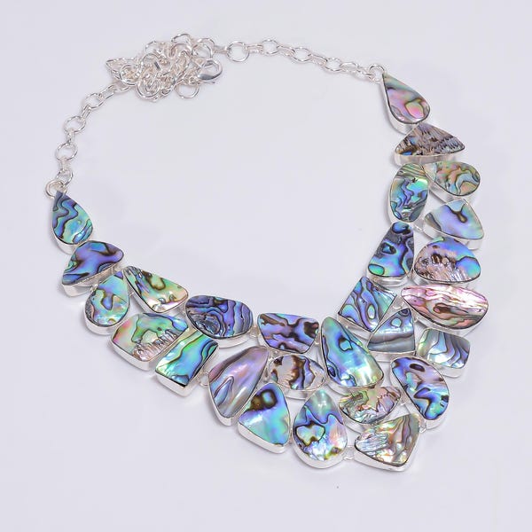 Statement-Halskette aus Abalone-Muscheln für Damen | Handgefertigter Boho-Schmuck aus silberplattierten Edelsteinen | Halskette im Ethno-Stil mit Meeresmotiven | Geschenkidee für Mama