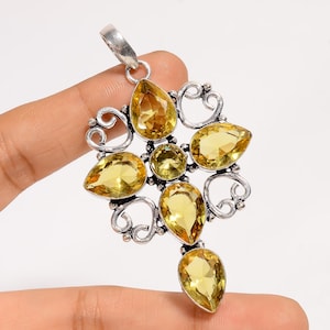 Citrine Pendant in Silver Plating, Statement Gemstone Necklace, Handmade Vintage Jewelry, Citrine Cross Charm, Boho-Chic Pendant Necklace