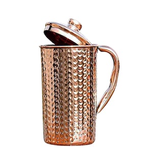Handmade Pure Copper Water Pitcher Jug with Lid 40 oz | Ayurveda Copper Carafe for Holistic Health & Hydration | Ideal Gift for Him or Her