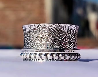 Vergeet-me-niet-spinnerring, bloemenangstring met spinners, boho-meditatie fidgetring, sieraden voor stressverlichting voor hem en haar, duimband