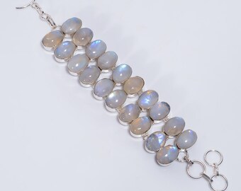 Regenbogen Mondstein Armband, natürlicher Edelstein Schmuck, handgemachtes versilbertes Boho-Chic Armband, Ethno-Stil Statement Armband