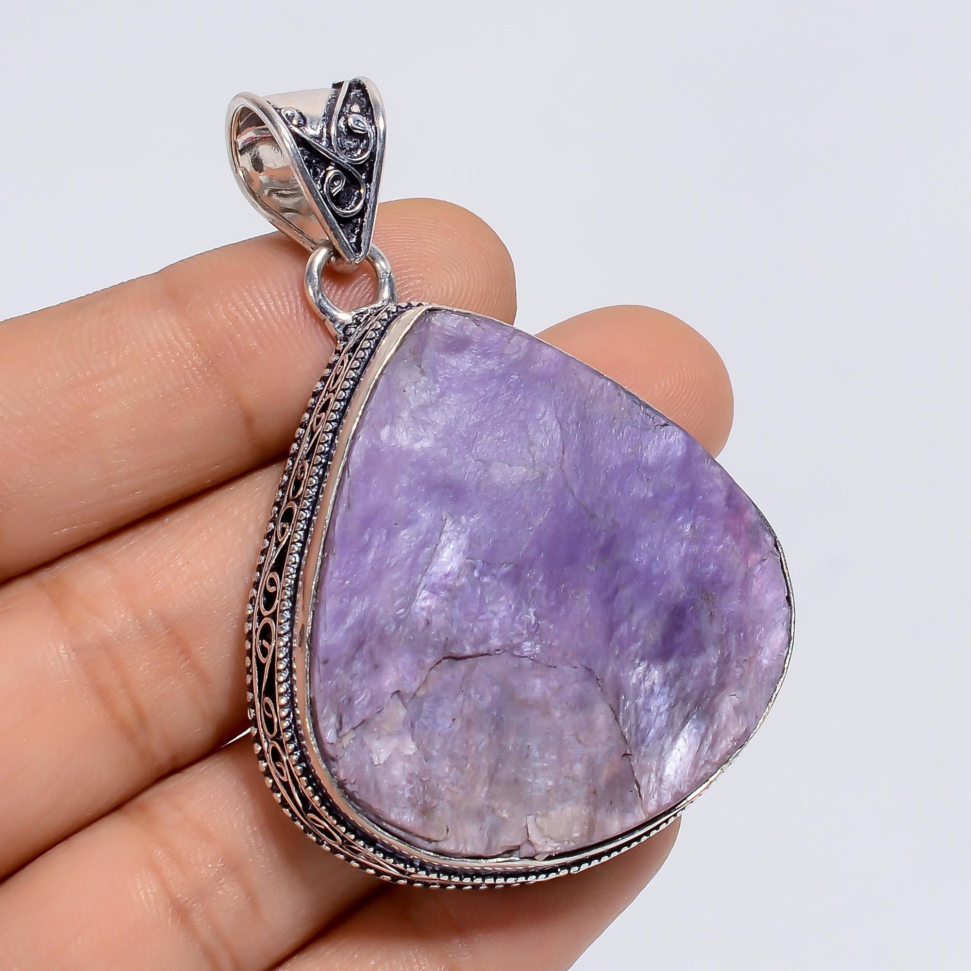 シルバーメッキのチャロアイトペンダント、紫色の宝石ネックレス