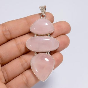 Rose Quartz Pendant, Chunky Gemstone Necklace, Silver Plated Jewelry, Boho Ethnic Necklace, Handmade Pendant, Birthstone Pendant for Mom