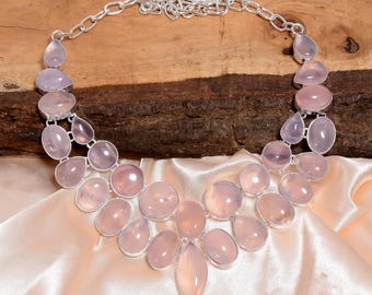 Collar de cuarzo rosa con baño de plata, collar con racimo de piedras preciosas, joyería de estilo étnico bohemio, collar llamativo hecho a mano para mamá