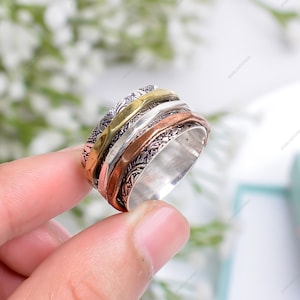 Mixed Metal Spinner Ring, Fidget Jewelry for Anxiety Relief, Relaxation Jewelry for Her & Him, Handmade Meditation Ring with Triple Spinners