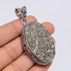Pyrit Druzy Anhänger für Sie in Sterling Silber Vergoldung, Edelstein Halskette, Handgemachte Statement Kette, Ethno Schmuck, Boho-Chic Anhänger