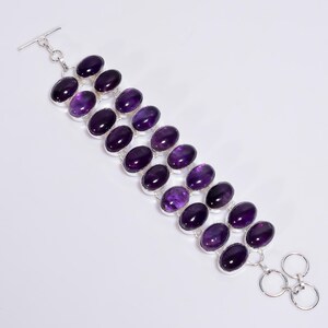 Amethyst Bracelet with Silver Plating, Oval Gemstone Jewelry, Handmade Statement Bracelet, Boho Ethnic Bracelet, Bracelet for Women 6-8&quot;