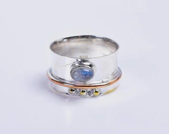 Regenboog maansteen spinnerring, edelsteen spinnerring, fidgetring voor angstverlichting, boho-stijl ringen voor hem en haar, verzilverde sieraden