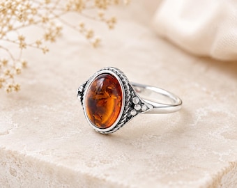 Amber Ring, honey-brown Gemstone Silver Plated Jewelry, Handmade Bohemian Ethnic Ring, Gift for Her