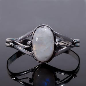 Rainbow Moonstone Cuff Bracelet For Women, 925 Sterling Silver Plated Bangle, Vintage Handmade Oval Gemstone Cuff, Adjustable Cuff Jewelry