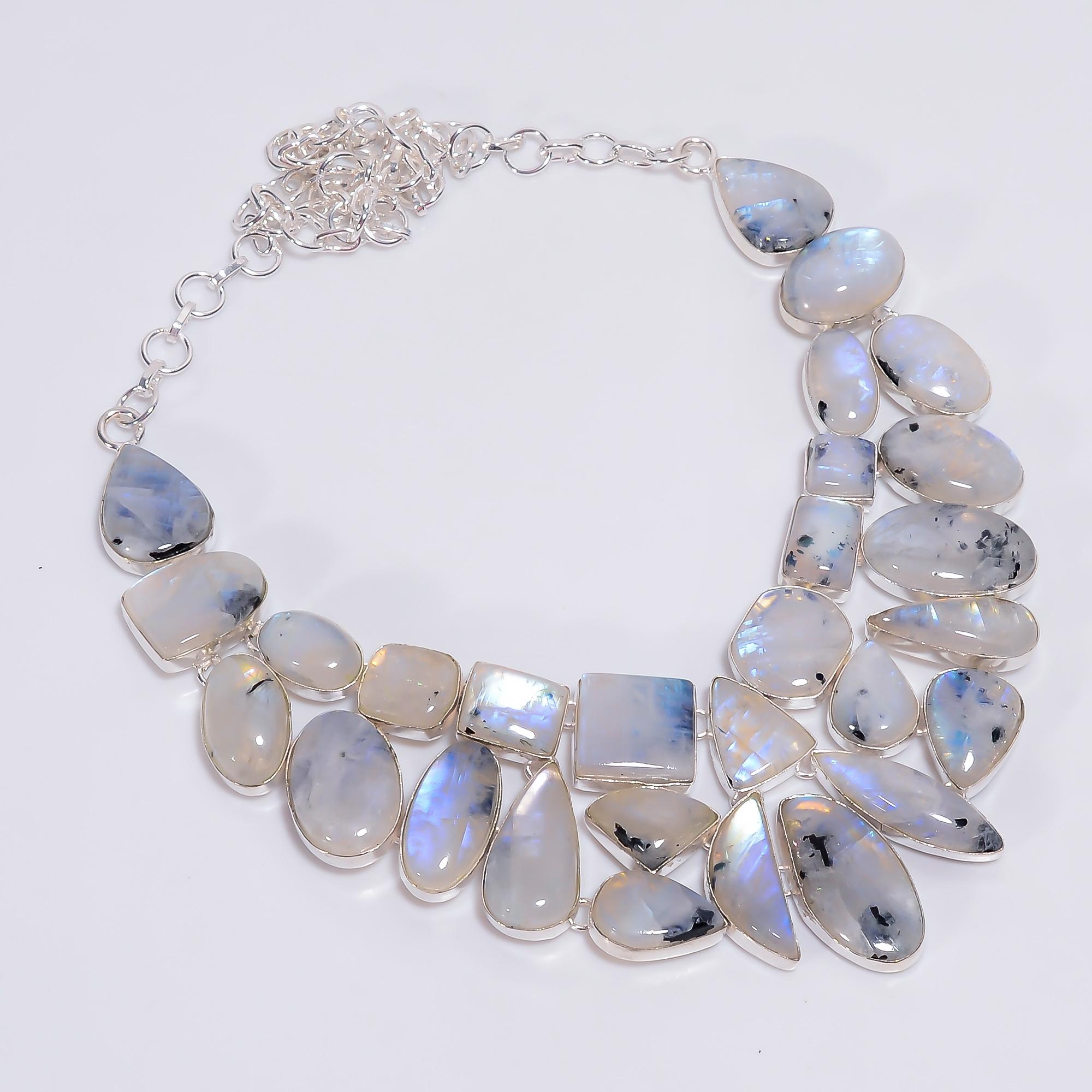 Rainbow Moonstone Cluster Necklace for Women, Iridescent White