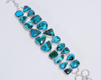 Chrysocolla Malachite Bracelet, Green-Blue Gemstone Jewelry, Handmade Silver-Plated Bold Statement Bracelet for Women