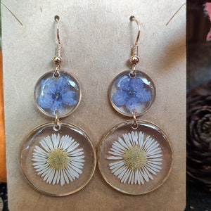 May include: Gold-coloured earrings with a layered design. Each earring features a clear resin circle with a blue flower in the top circle and a white daisy in the bottom circle. The earrings are suspended from gold-coloured hooks.