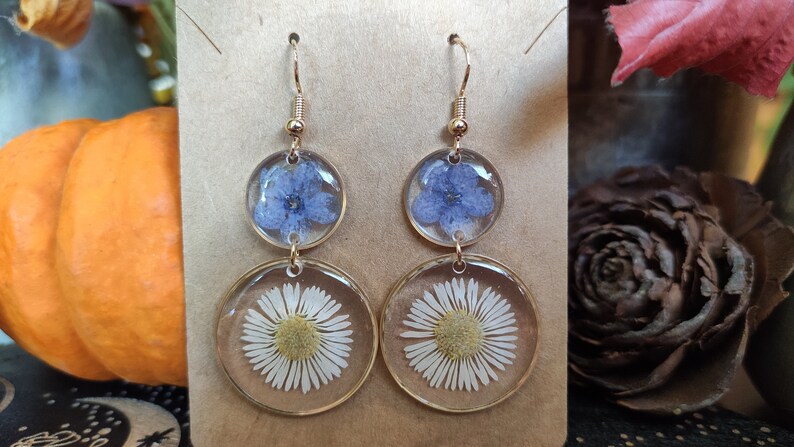 May include: Gold-coloured earrings with a layered design. Each earring features a clear resin circle with a blue flower in the top circle and a white daisy in the bottom circle. The earrings are suspended from gold-coloured hooks.