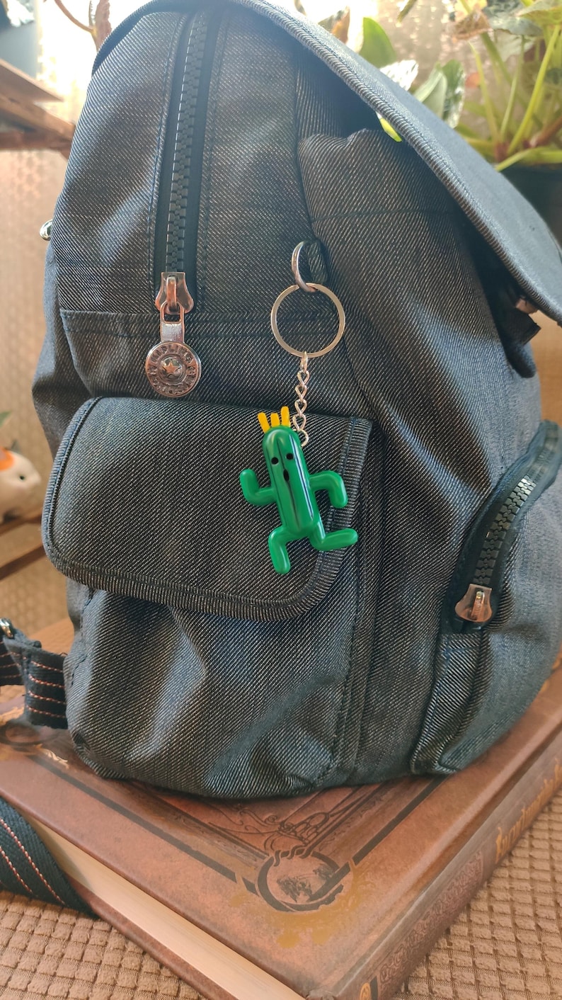 May include: A dark gray backpack with a zippered pocket and a green cactus keychain. The keychain is attached to a silver key ring with a silver chain.